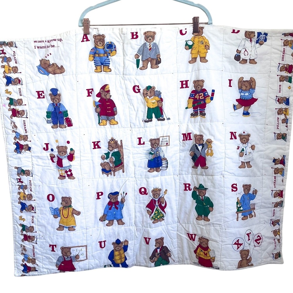 Handmade Teddy Bear Alphabet Quilted Baby Throw Blanket Nursery Cottage 40X31